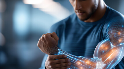 Faceless trainer demonstrating exercise with anatomical muscle overlay graphics, workout instruction visualization, training education moment, fitness coaching scene, with copy space