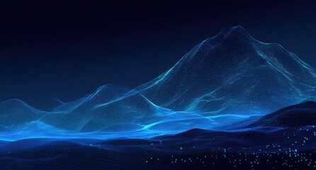 A stylized digital landscape features mountains rendered with a blue, ethereal glow against a dark sky