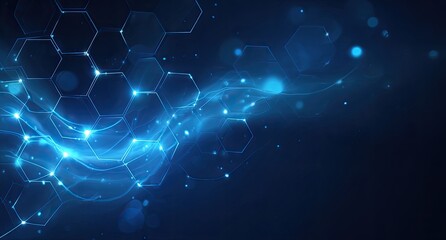 Abstract digital illustration with glowing blue hexagonal shapes and flowing light particles on a dark backdrop