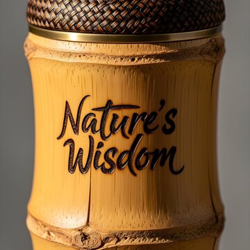 Premium 500ml bamboo tumbler with elegant "Nature's Wisdom" calligraphy carving, eco-friendly sustainable bottle.