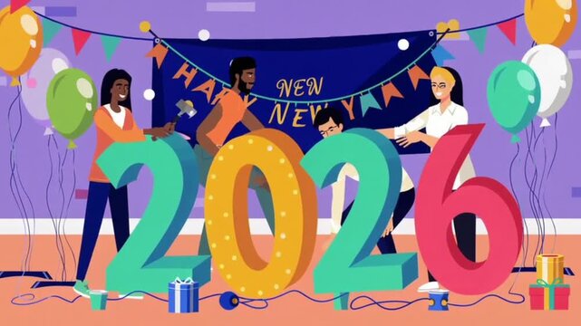 Flat design cartoon style new year vector concept preparing to meet 2024 new year people building the numbers 2026 company team are preparing to meet the new year
