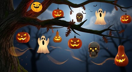 Halloween decorations pumpkins ghosts and skulls hanging from a spooky tree