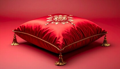 Elegant Red Velvet Pillow with Golden Accents on Red Background.