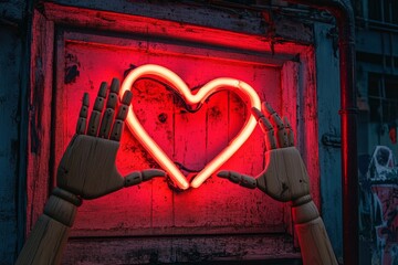 Neon heart and wooden hands against rustic urban background