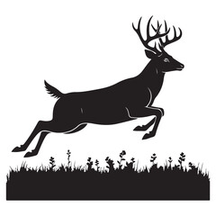 Obraz premium Black silhouette of a deer jumping over grass isolated on transparent background