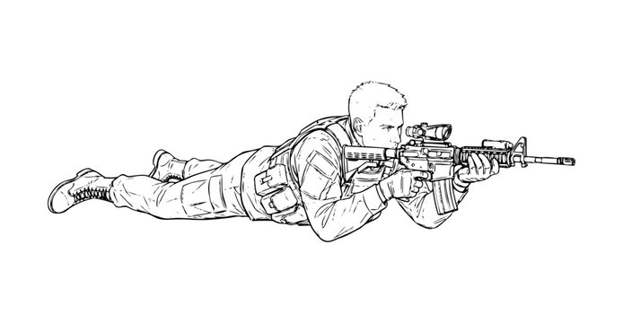 Black and white line illustration of a soldier lying in a prone position while holding a rifle, isolated on a white background.