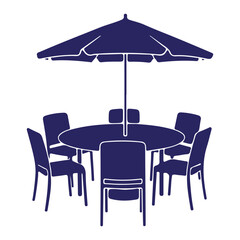 Outdoor patio furniture set with umbrella isolated on transparent background