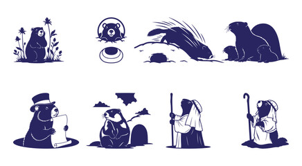 Collection of blue silhouettes of shepherds and sheep on transparent background isolated on transparent background