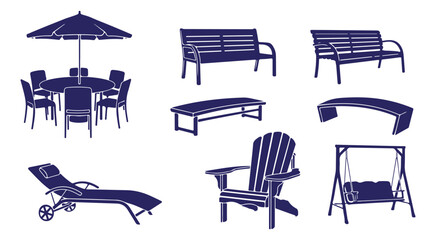 Outdoor furniture set with patio chairs and benches isolated on transparent background