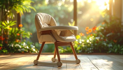 Elegant Baby High Chair in Sunlit Room with Lush Greenery.