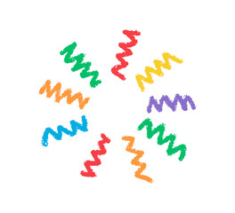 Crayon doodle confetti icon. Color pencil hand drawn firework symbol. Chalk color birthday firecracker confetti. Crayon graphic design circle element. Vector illustration isolated on white background.