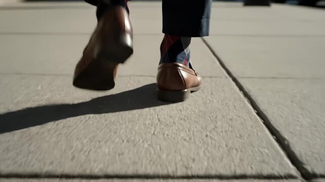 Man Wearing Brown Loafers Walking on Sidewalk, Close Up