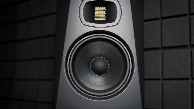 Close-up of a black studio monitor woofer cone vibrating from low frequency bass. A gold ribbon tweeter is visible above set against a dark acoustic foam background.