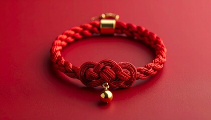 Red braided bracelet with knot and golden bell on red background.
