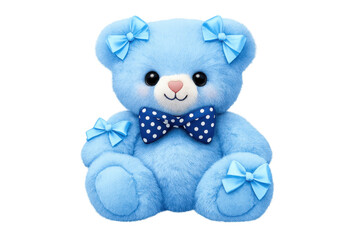 Blue teddy bear plush toy with polka dot bow tie and bows, representing childhood innocence and baby gifts on transparent background