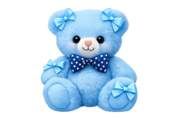 Blue teddy bear plush toy with polka dot bow tie and bows, representing childhood innocence and baby gifts on transparent background