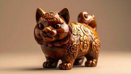 Detailed Carved Wooden Dog Figurine with Intricate Floral Patterns.