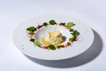 Gourmet Dessert with Ice Cream and Edible Flowers: A Modern Culinary Arts Presentation in Fine Dining Restaurant Food Photography