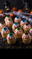 Halloween eye cupcakes on display with spiders and pumpkin decorations