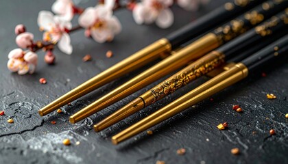 Elegant gold chopsticks with cherry blossoms on a dark background.