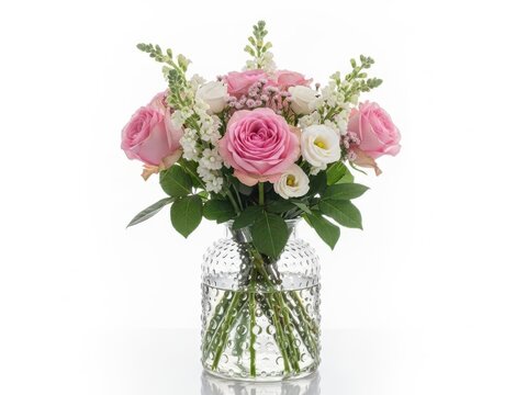 Beautiful bouquet of pink roses and white flowers in a clear glass vase on white background - Powered by Adobe