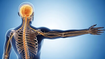 Human skeleton with visible brain and nervous system, transparent body, glowing neural