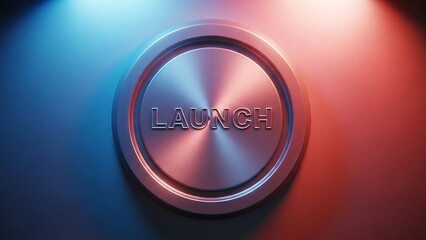 Shiny metallic launch button with blue and red gradient lights