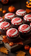 Halloween eyeball cupcakes displayed on wooden tray with pumpkins and leaves