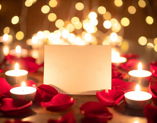 Romantic Valentine&rsquo;s Day greeting card mockup with candles and rose petals on warm bokeh background