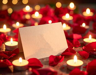Romantic Valentine&rsquo;s Day greeting card mockup with candles and rose petals on warm bokeh background