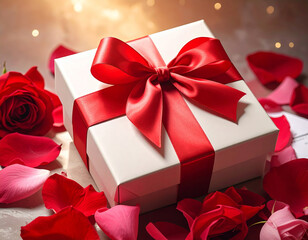 Romantic Valentine&rsquo;s Day gift box with red ribbon and roses on elegant background