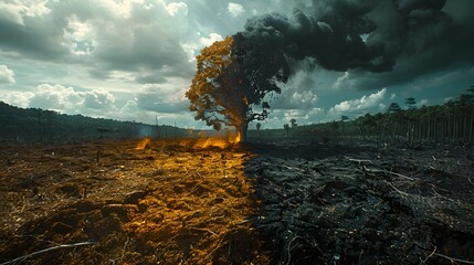 Tree Burning with Half Burnt Landscape deforestation Photo