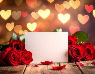 Valentine&rsquo;s Day greeting card mockup on wooden table with red roses and heart bokeh background