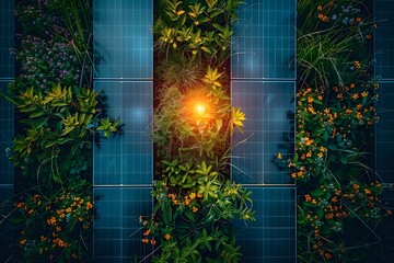 Vertical Garden Integrated with Solar Panels Top View Photo