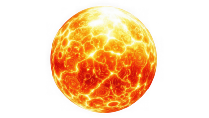 A fiery textured sphere of intense orange and yellow glows brightly
