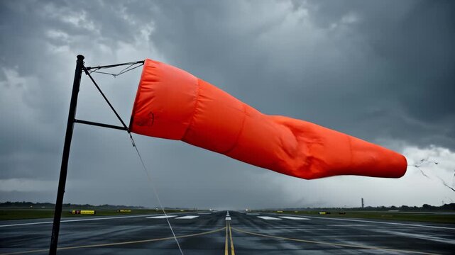 Bright Orange Windsock Inflating in Stormy Wind at Airport Runway