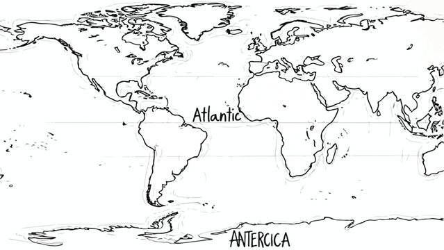 Outline map of world continents with ocean names