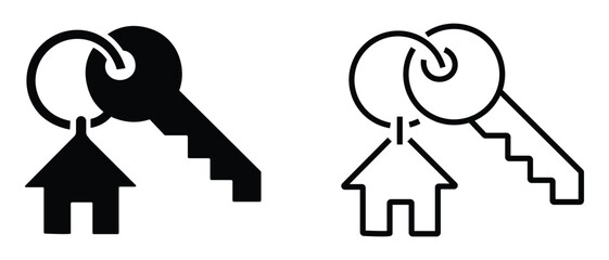 House with key icon. key ring and a pendant house locket. Home key pictogram. House Key symbol. Vector illustration.