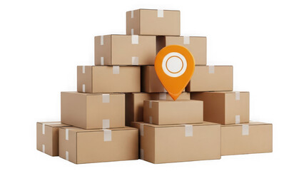 Obraz premium A pyramid of cardboard boxes with a location marker on top