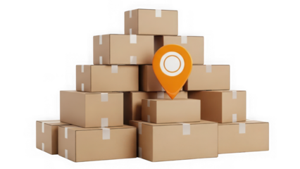 A pyramid of cardboard boxes with a location marker on top