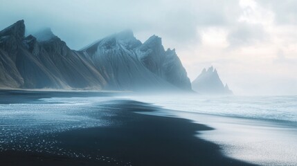 Dramatic Stokksnes Beach in Iceland with Black Sand Dunes, Vestrahorn Mountain Peaks, Moody Sky and Atlantic Ocean Waves, Wild Nordic Landscape and Untouched Arctic Nature. High quality photo