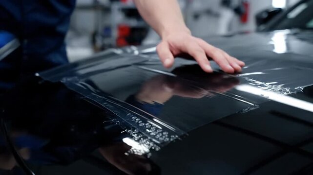 Professional applying paint protection film to car hood for automotive detailing and surface protection