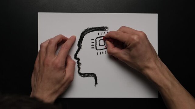 Hand drawn human profile with AI processor and data connections, artificial intelligence driven decision making, human and machine interaction, simple explainer icon on white background