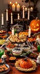 Halloween feast festive table with pumpkin candles and decorations