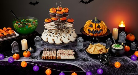 Halloween feast festive table with pumpkin treats and decorations