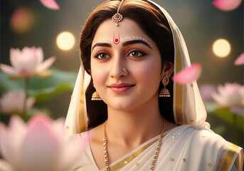 Beautiful Indian Woman in Traditional Attire with Lotus Flowers traditional clothing