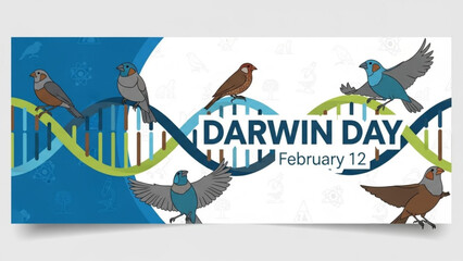 Darwin day february 12 celebration with birds on dna double helix structure symbolizing evolution and natural selection with biology and science