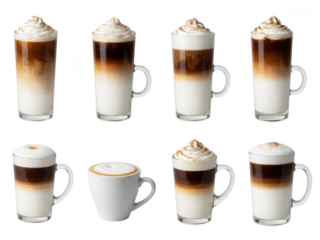 Collection of coffee drinks with layered foam and whipped cream isolated on transparent background