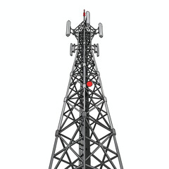 A tall, metallic tower, sporting antennas, rendered on a white backdrop from a low angle