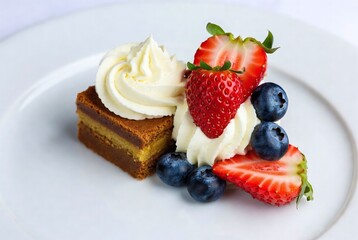 Gourmet Berry-Infused Dessert: Indulgent Summertime Vanilla Cake with Fresh Strawberries, Blueberries, Whipped Cream, and Chocolate - A Vibrant Restaurant Pastry Celebration